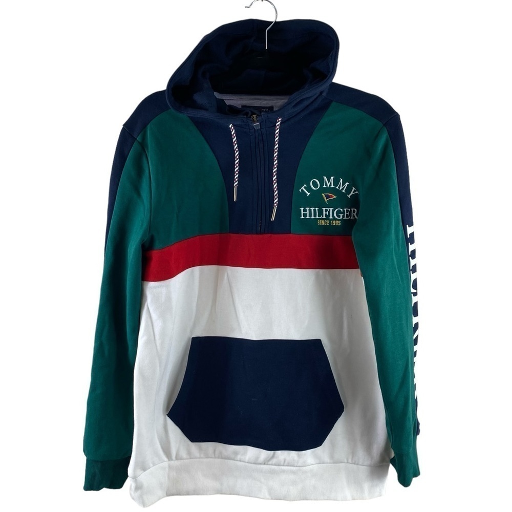 VTG Tommy Hilfiger Logo Pullover Multi‎ Colorblock Pocket Hoodie Size XS